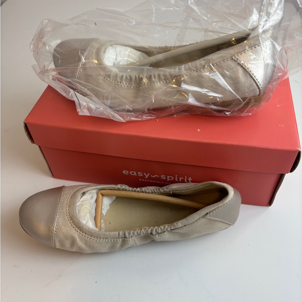 Easy Spirit Metallic Taupe-Like Elastic Ballet Flats